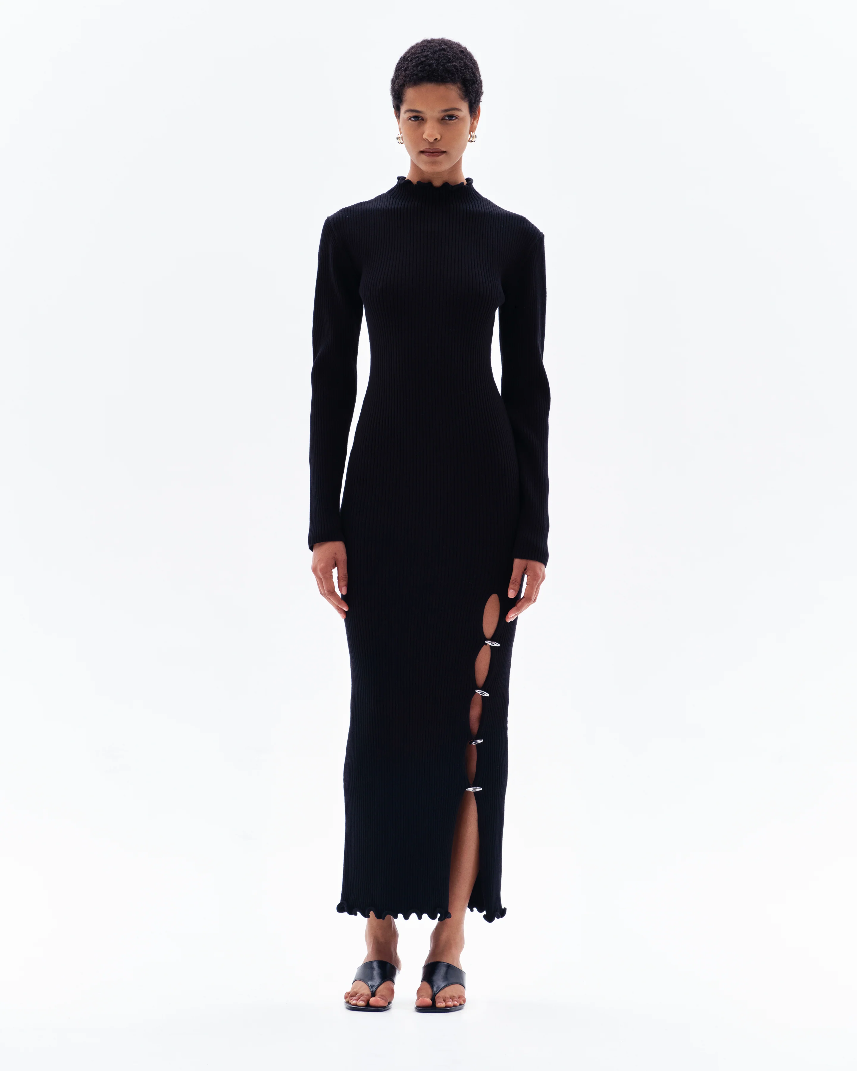 GAIA RIB LONG SLEEVE SPLIT DRESS - BLACK