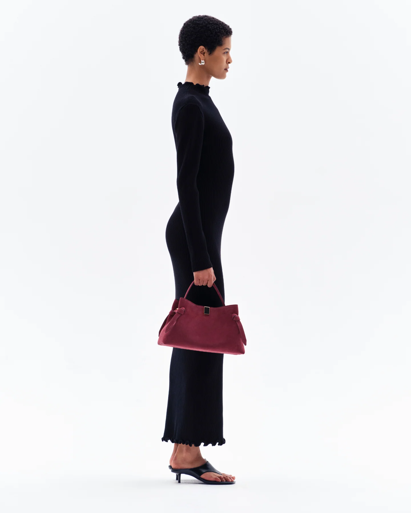 GAIA RIB LONG SLEEVE SPLIT DRESS - BLACK - Image 3